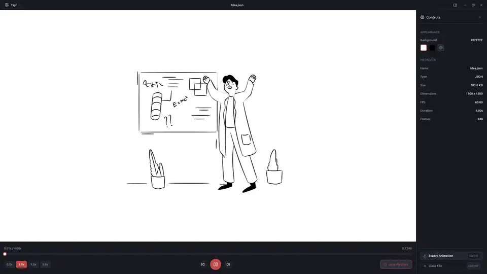 Tayf demo showing Lottie playback, scrubbing and MP4 export